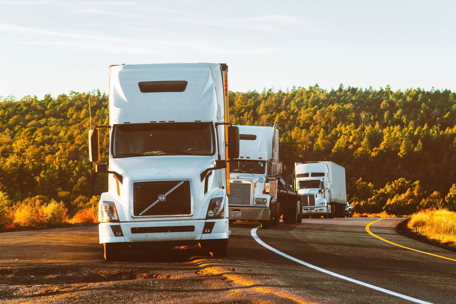 Tractocamiones en carretera: uno de frente y, al fondo, uno de plataforma y uno de caja seca